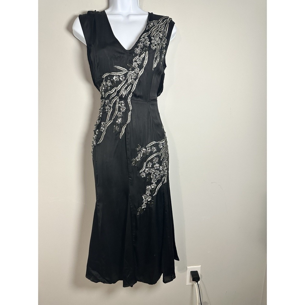 Tracy Reese Black Silk Midi Dress with Silver Bead Embroidery